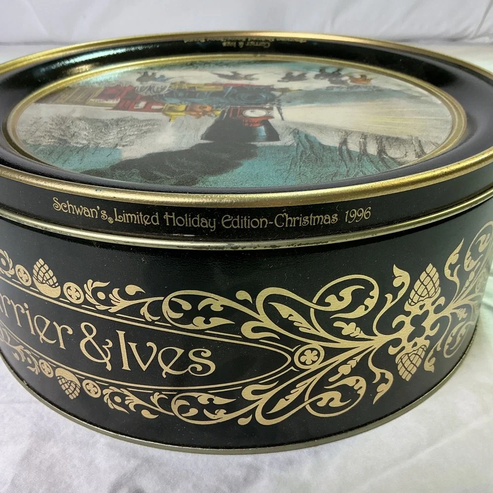Vintage‎ Currier & Ives Snow Bound Railroad Scene Large Round Cookie Tin 10.5